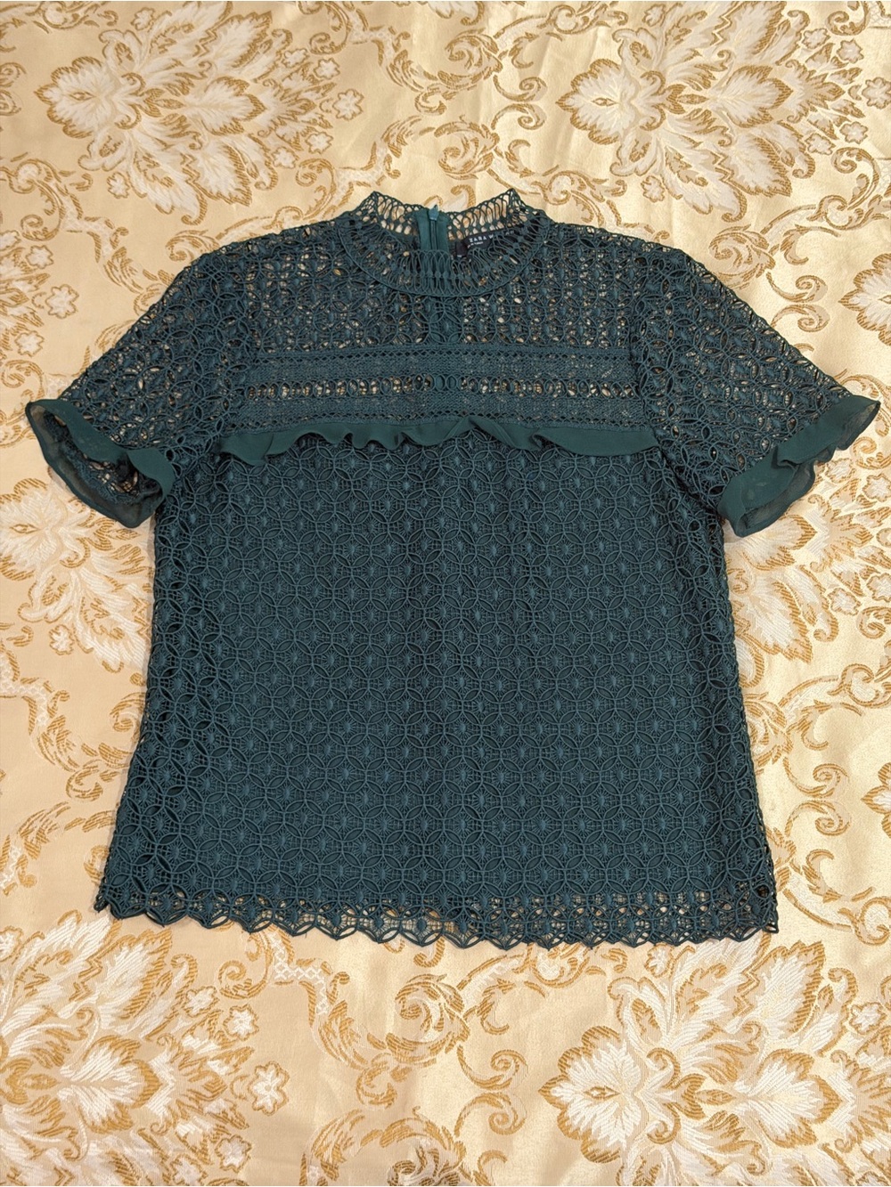 Zara Teal Crochet Lace Short Sleeve Top